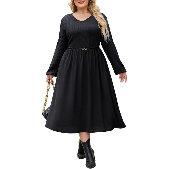 Plus Size Knit Dress Fall Wedding Guest A-Line with Pockets 16-24w - Picture 1 of 5